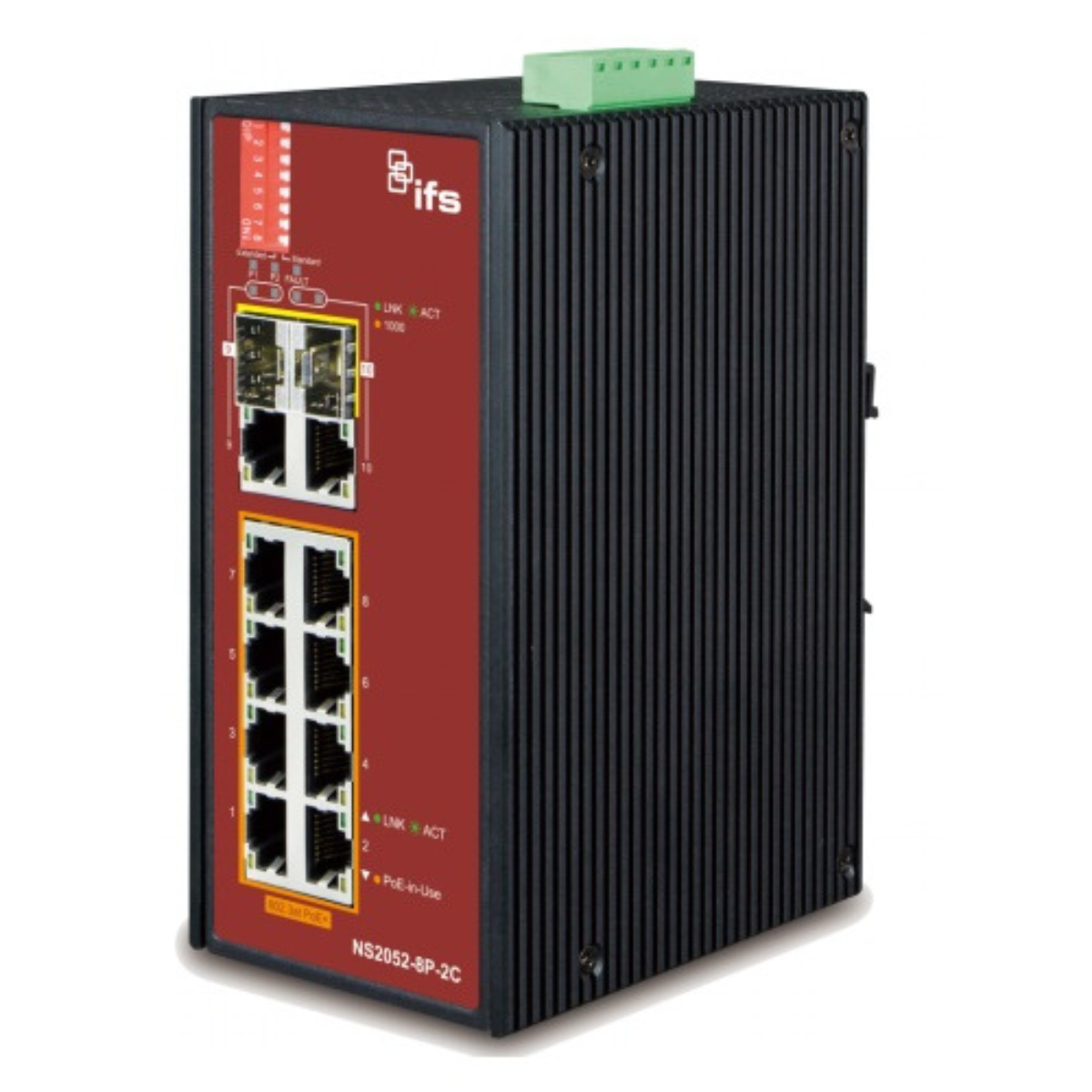 8-port PoE Unmanaged Industrial Ethernet Switch with 2 x RJ45/SFP Gigabit uplink combo
ports