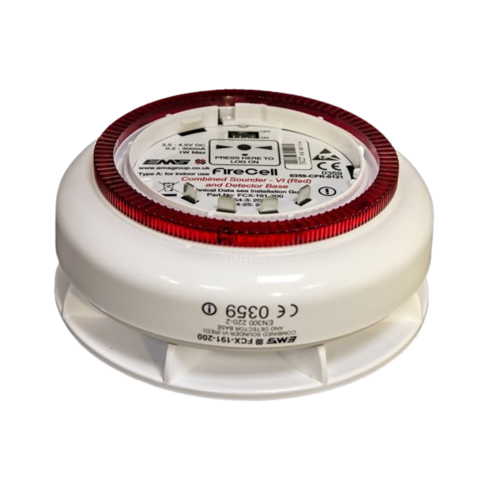 EMS FireCell W/LESS SOUNDER / RED VISUAL INDICATOR & DETECTOR BASE ONLY(use with smoke and heat only)