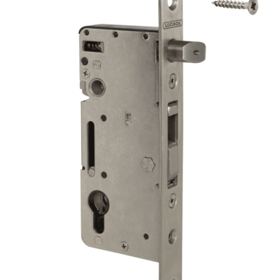 Stainless steel insert lock for wooden gates.