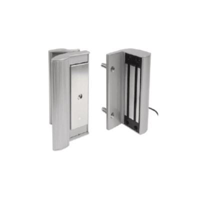 Surface mounted magnetic lock with integrated handles. For square posts and gate profiles of 40 mm to 80 mm, 600 kg pulling force in Silver with 3006PULL handle