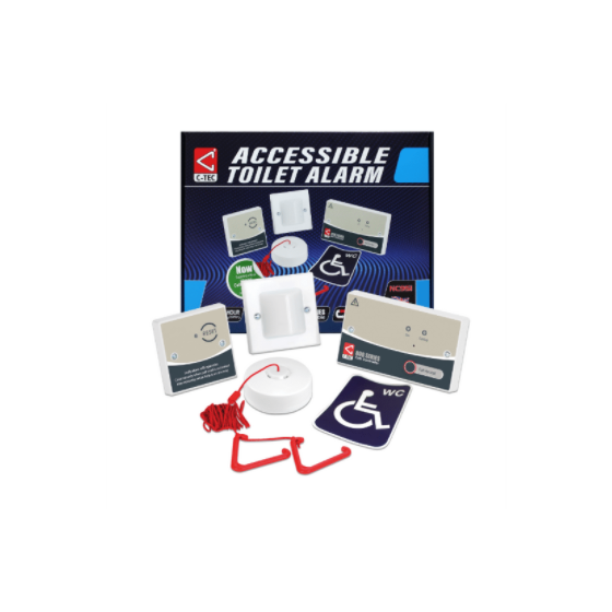Accessible toilet alarm kit to BS8300 c/w onboard standby battery.  (NC943B call controller, NC807C ceiling pull, NC806CS overdoor light & sounder, NC809DBBT reset point & sounder, NC949 WC sticker)