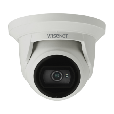Hanwha 2MP Turret Camera, 3mm fixed focal lens, virtual area (intrusion/enter/exit), virtual Line (crossing/ direction), motion detection, tampering, hallway view, SD card, IP66, PoE, white.