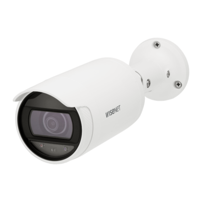 Hanwha 2MP IR Bullet, 2.8mm fixed focal lens, virtual area (intrusion/enter/exit), virtual Line (crossing/ direction), motion detection, tampering, hallway view, SD card, IP66, PoE, white.