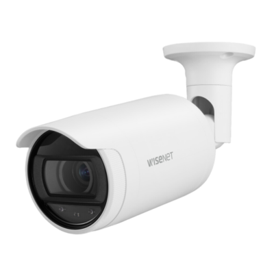 Hanwha 2MP IR Bullet, motorized varifocal lens 3.1x (3.3~10.3mm), virtual area (intrusion/enter/exit), virtual line (crossing/ direction), motion detection, tampering, hallway view, SD card, IP66, PoE, white.