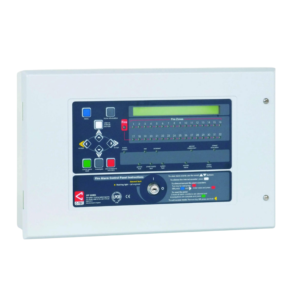 C-Tec XFP 1 loop 16 zone panel, Hochiki ESP, Max. 2 x 3.2Ah batteries