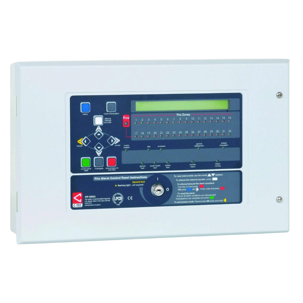 C-Tec XFP 2 loop 32 zone panel, XP95/Discovery protocol. Max. 2 x 7Ah batteries