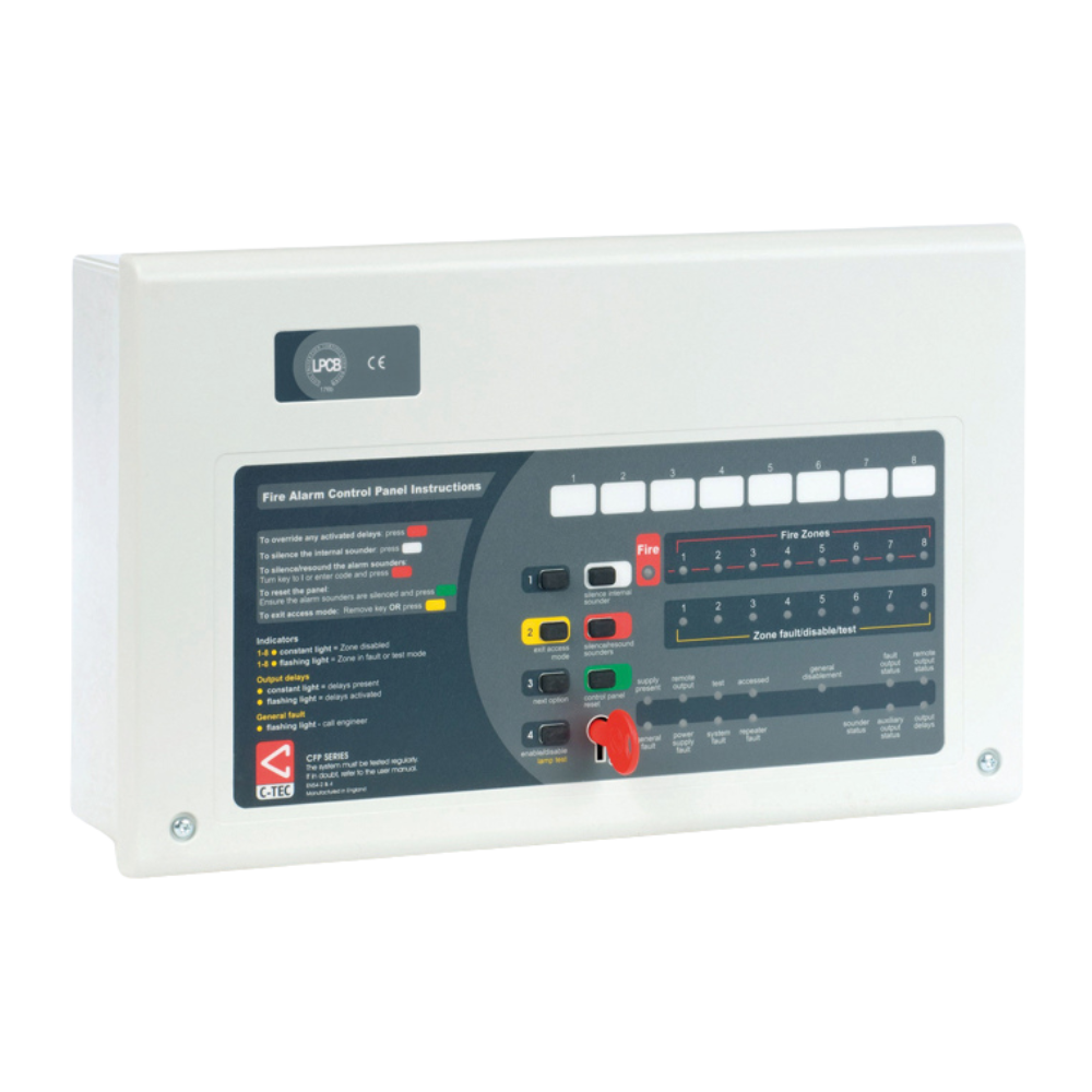 CFP AlarmSense 4 zone two-wire panel. Max  2 x 3.2Ah batteries