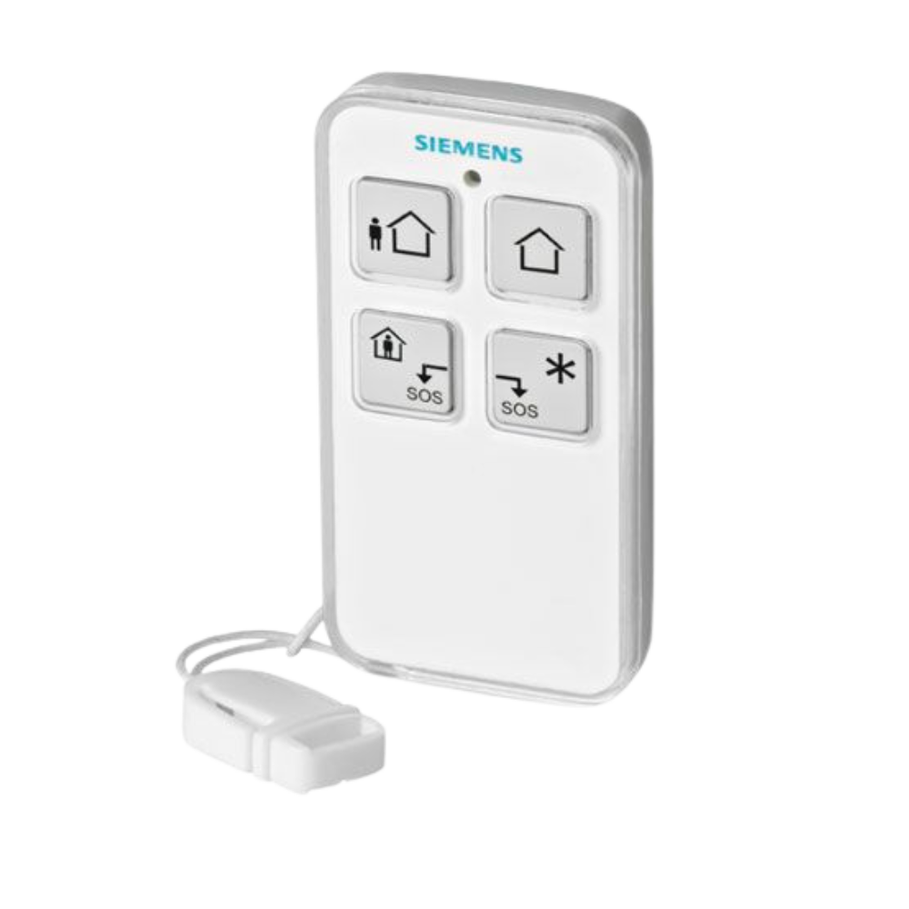 Siemens White remote control with arm, disarm & part-set funcitons, one free programmable key & panic button. Exchangable Lithium Battery, 868MHz