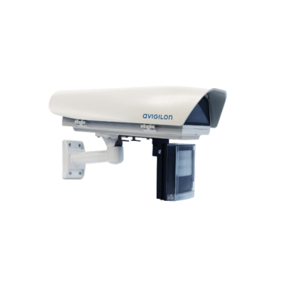 Avigilon LPR Standard format enclosure with heater, sunshield and PoE passthrough for a camera. PoE+ powers the camera enclosure and camera using 30W POE.