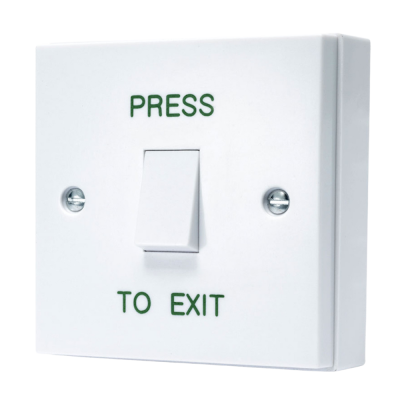 CQR Surface Mounted Plastic Exit Switch – Legend “Press To Exit” – White