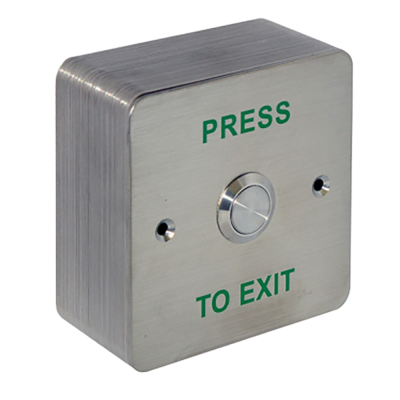 CQR Surface Mounted Exit Button Normally Open – Legend “Press To Exit” – Stainless Stee