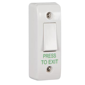 CQR Narrow Surface Mounted Plastic Exit Switch – Legend “Press To Exit” – White