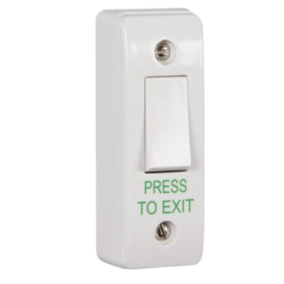 CQR Narrow Surface Mounted Plastic Exit Switch – Legend “Press To Exit” – White