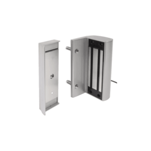 Surface mounted electromagnetic lock without integrated handles. For square posts and gate profiles of 40 mm to 80 mm, 600 kg pulling force
