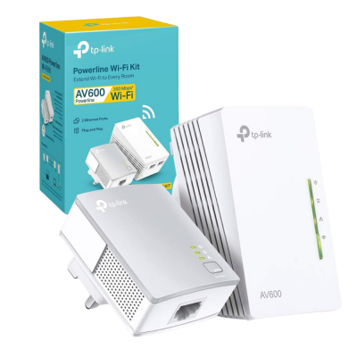 AV600 Powerline Extender Starter Kit, integrated extra power socket with power output of up to 16 A.
Range of 300 meters over electrical circuit